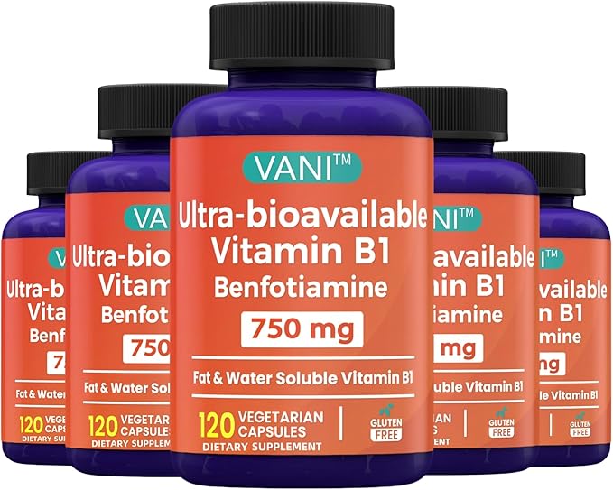 Mega Benfotiamine 750mg with Vitamin B-1 Highly Bioavailable Benfotiamine B1 Supplement Derivative to Support Overall Health* Gluten-Free 120 Capsules (5)