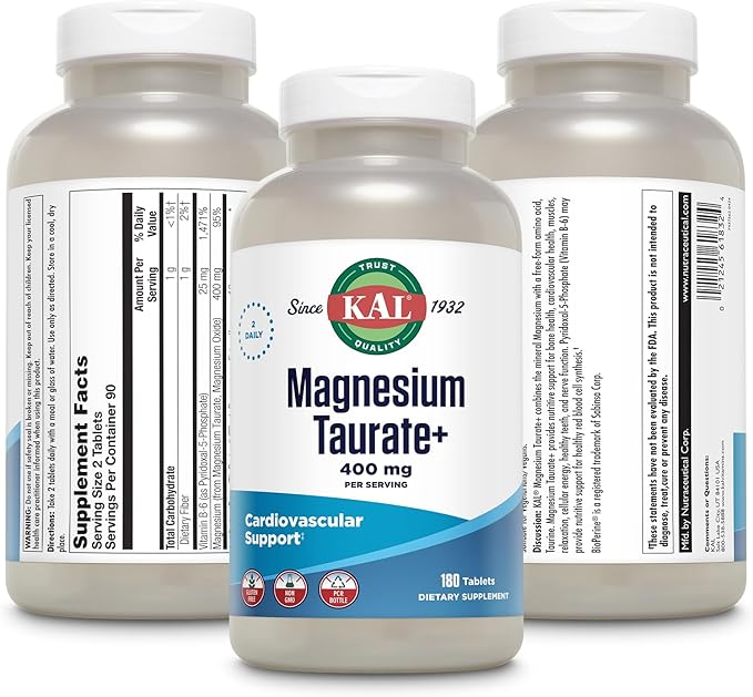 KAL Magnesium Taurate 400mg Plus CoEnzyme Vitamin B6 Chelated Magnesium Supplement Muscle Function Gluten Free Vegan 90 Serv 180 Tablets