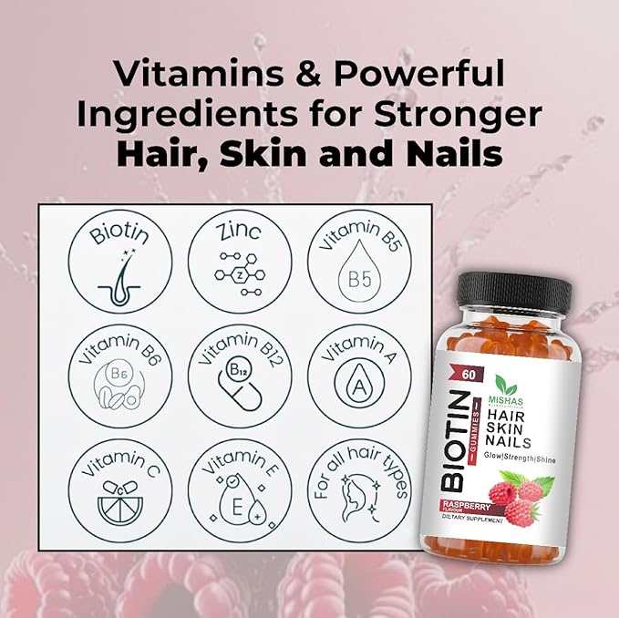 Mishas Nutraceuticals Hair Skin &amp Nails Gummies - Supports Healthy Hair - Vegan biotin Vitamins for Women &amp Men Supports Faster Hair Growth Stronger Nails Healthy Skin Extra Strength 60 Cou