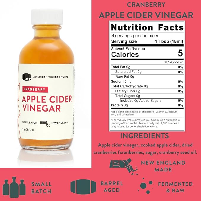 American Vinegar Works - Apple Cider Vinegar Sampler Pack - Includes Apple Cranberry Hot Wild Blueberry and Maple Cider Vinegars - Great for Gifts - 2oz Bottles - 5 Pack