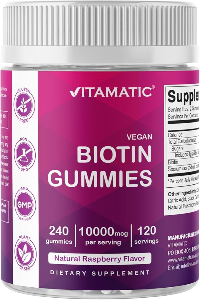 Vitamatic Biotin Gummies 10000 mcg for Stronger Hair Skin &amp Nails - 240 Vegan Gummies - Also Called Vitamin B7