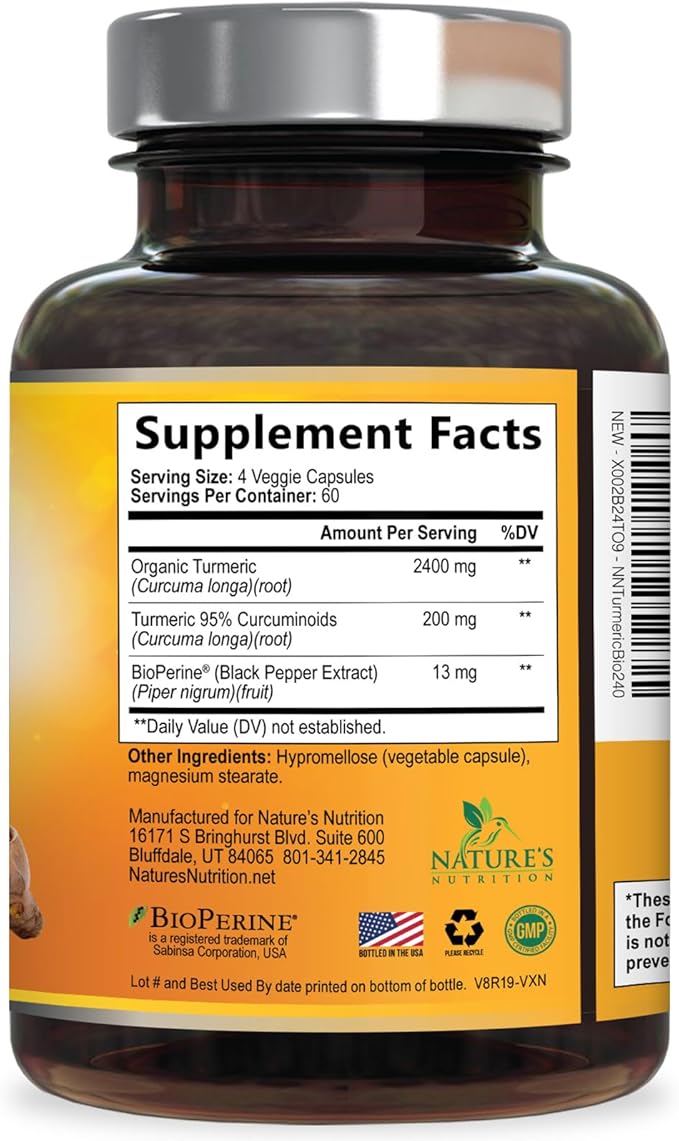 Turmeric Curcumin Supplement - 2400mg Organic Turmeric Per Serving - 95% Curcuminoids &amp BioPerine Black Pepper Extract for Best Absorption - Natural Vegan Joint Support Bottled in USA - 240 Capsu