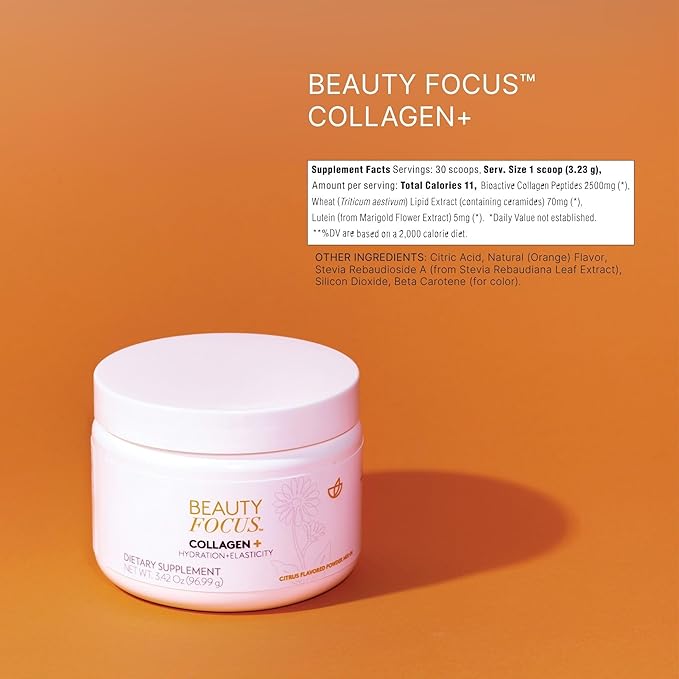 Nu Skin Collagen+ Powder Mix-in | Citrus-Flavored Collagen Peptides with Lutein &amp Acerola Cherry | Supports Skin Elasticity Tone &amp Texture | 30 Servings