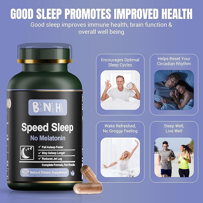 BNH Speed Sleep - Free Sleep Aid - Non-Habit Forming with 15 Herbs - Fall Asleep Faster &amp Deeper Sleep - Wake Refreshed No Morning Grogginess - Natural Chinese Herbal Formula - 180 Capsules
