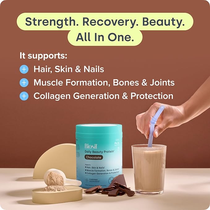 Biosil Daily Beauty Protein Chocolate - 17 oz - Vegan Protein + Collagen Powder for Strength Recovery Skin Hair Nails &amp Joints - Patented ch-OSA Generates Natural Production - 15 Servings