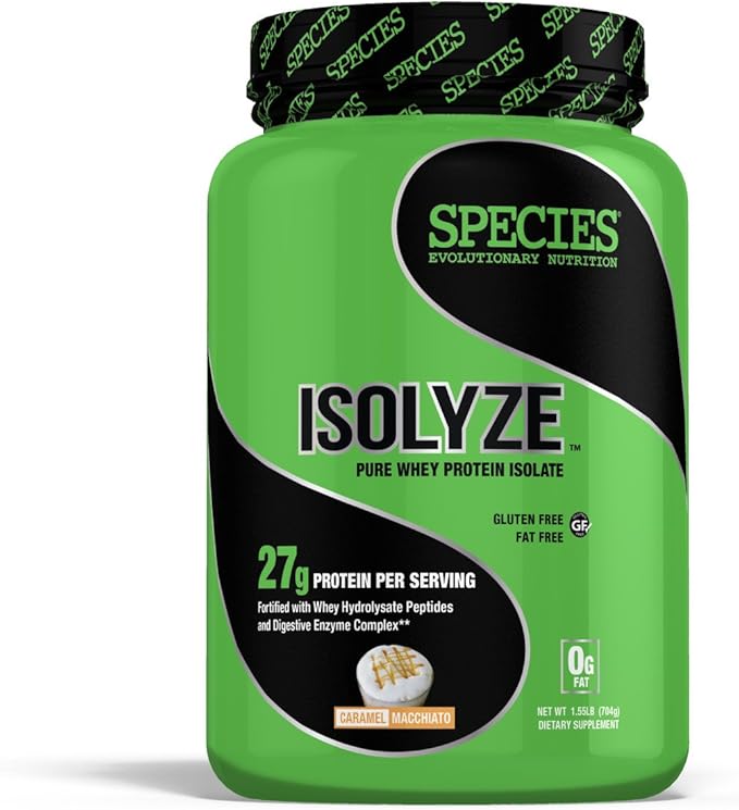 Species Nutrition Isolyze Whey Protein Powder 100% Whey Isolate for Muscle Building 27.5g Protein Per Scoop No Sugar &amp Low Fat (Caramel Macchiato 22 Servings)