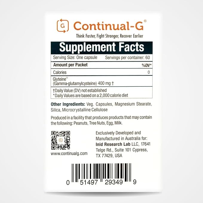 CONTINUAL - G Glyteine 400 mg Capsules | Cellular‑Enhancing Glutathione Supplement | Powerful Antioxidant Support | 90‑Day Supply (180 Capsules)