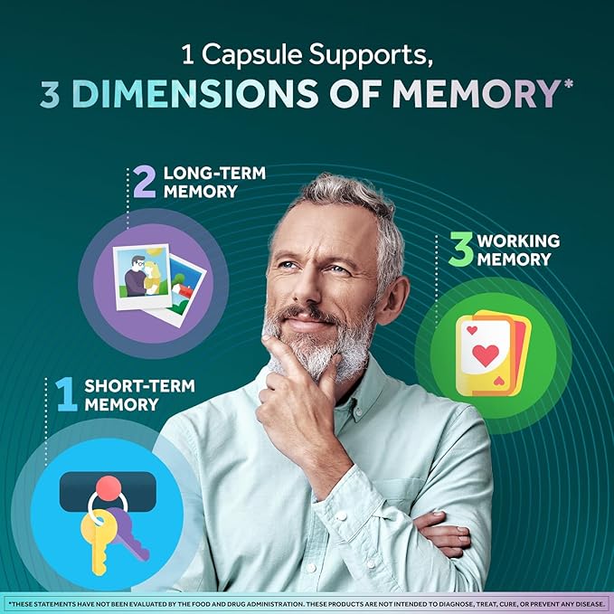 NEURIVA Memory 3D Brain Supplement - Nootropic Capsules for Memory Focus &amp Cognitive Function - Short Term Long Term &amp Working Memory Support - 50ct - Pack of 2