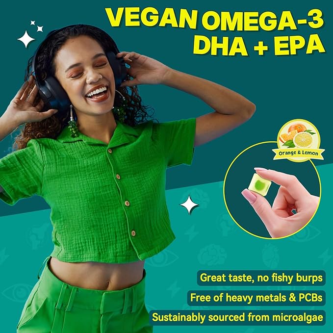 Vegan Omega-3 Gummies for Adults Fish Oil Alternative from Algae Oil Plant Based DHA 460mg &amp EPA 230mg Plus MethylFolate Vitamin B12 Phosphatidylserine No Fishy Taste Vegan Sugar Free 60 C