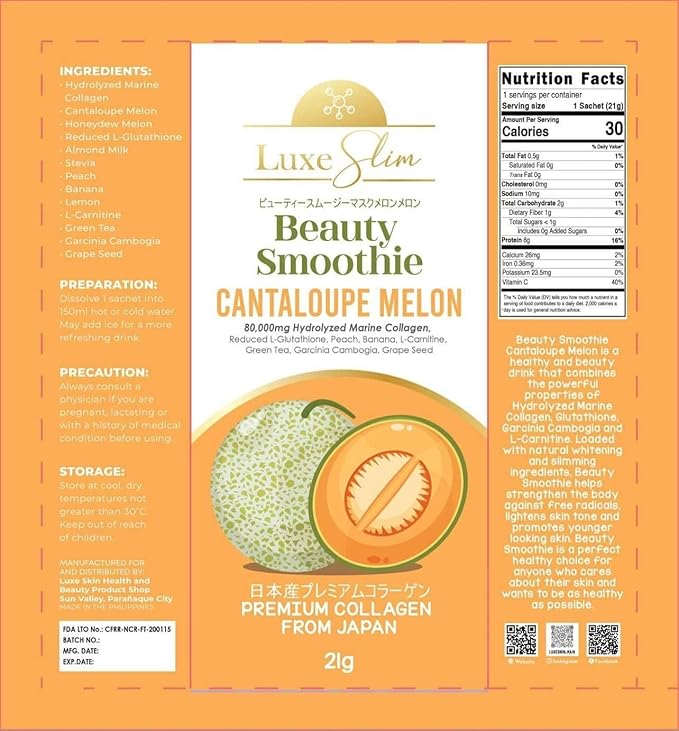 Beauty Smoothie Cantaloupe Melon 80000mg Hydrolyzed Marine Collagen 21gx10 Sachets 7.4075 Ounce