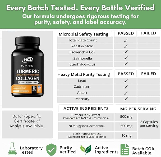 Turmeric Curcumin 95% Extract &amp Collagen Capsules - NEM Promotes Knee Comfort &amp Flexibility - Eggshell Membrane w Naturally Occurring Glucosamine Chondroitin Hyaluronic Acid- Made in USA