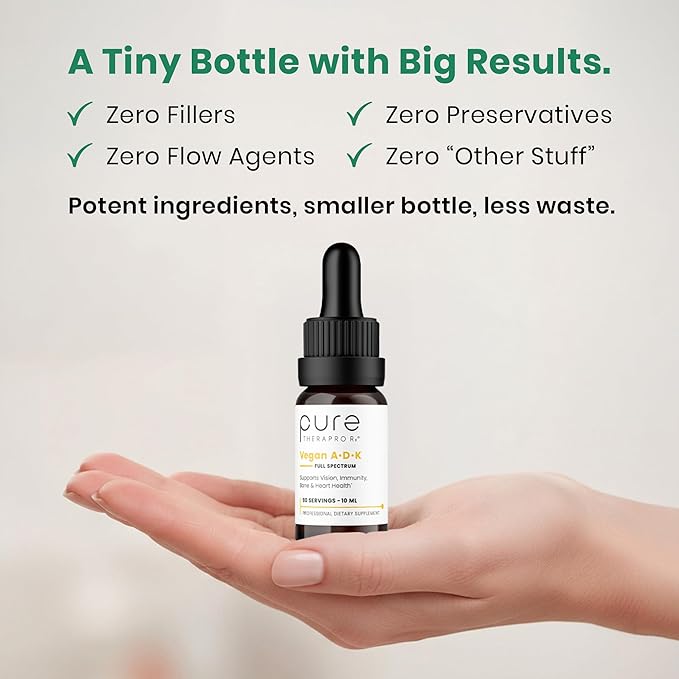 Pure Therapro Rx Vegan A-D-K Drops 10 Ml Made in USA | 3 Month Supply | Vitamin A (Palmitate) Liposomal Vitamin D3 (Pureshine) Liposomal Vitamin K2 (MK-4 &amp MK-7) Supports Immunity &amp Bone He