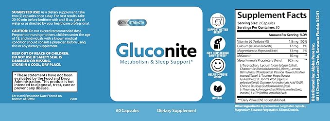 Gluconite Metabolism and Sleep Support 60 Capsules Natural Sleep Longer Non Habit Forming Melatonin