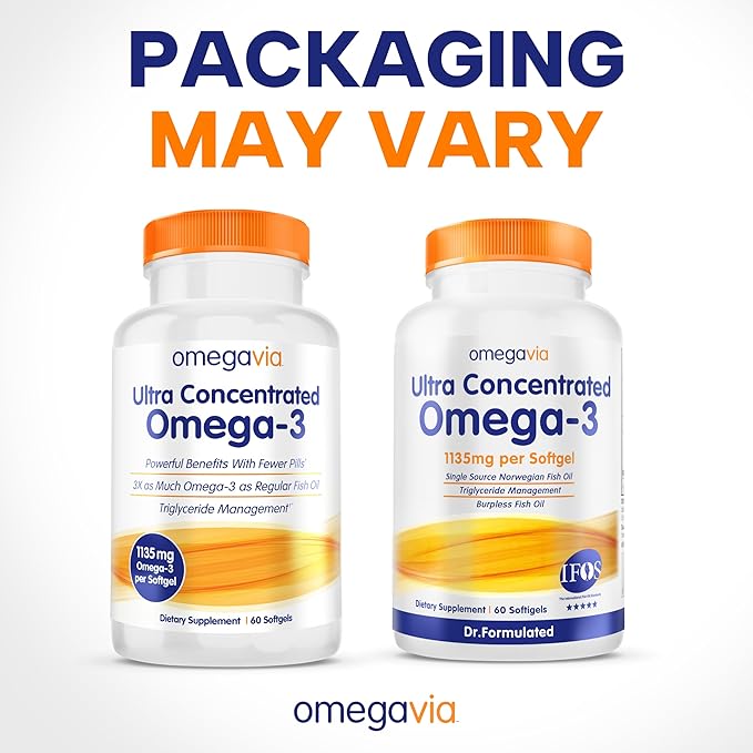 OmegaVia Ultra Concentrated Omega 3 Fish Oil Burpless 60 Softgels Triple Strength Omega 3 Fish Oil Supplements 1135 mg Pure Omega3 No Fishy Burps High EPA DHA DPA IFOS 5-Star