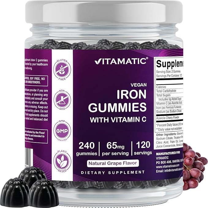 Vitamatic Iron 65 mg Gummies Supplement for Women &amp Men - 240 Vegan Gummies - Great Tasting Iron Gummy Vitamins with Vitamin C