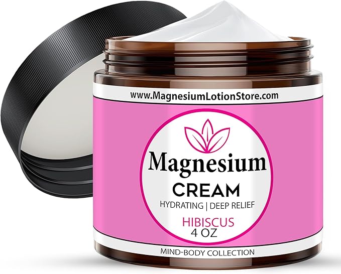 Magnesium Cream with Hibiscus Scent – Topical Magnesium Cream for Sleep Leg Cramps &amp Pain Muscle Relaxation Calm Moisturizing Supplement with Coconut Oil Shea Butter 4 oz USA Made