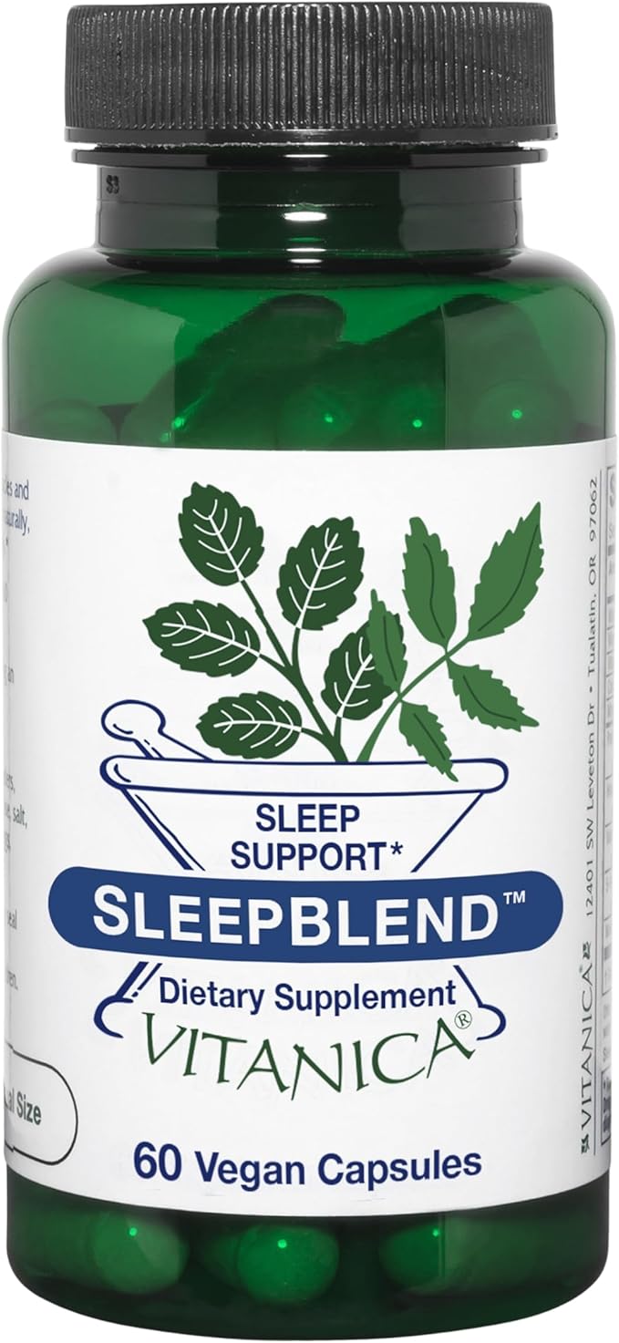 Vitanica Sleepblend Non Habit Forming Sleep Support Supplement with Melatonin Valerian Root Passionflower and Hops Vegan 60 Capsules