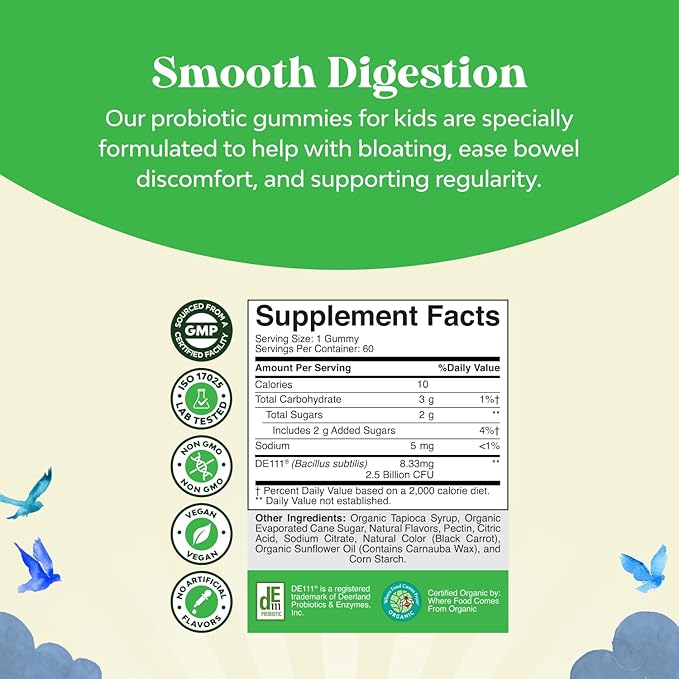 USDA Organic Probiotic Gummies for Kids - Vegan Non-GMO Kids Probiotic Gummy Vitamin for Immunity and Digestive Health - Gentle 2.5B CFU Organic Probiotics Strawberry Flavor 60 Count (Pack of 2)