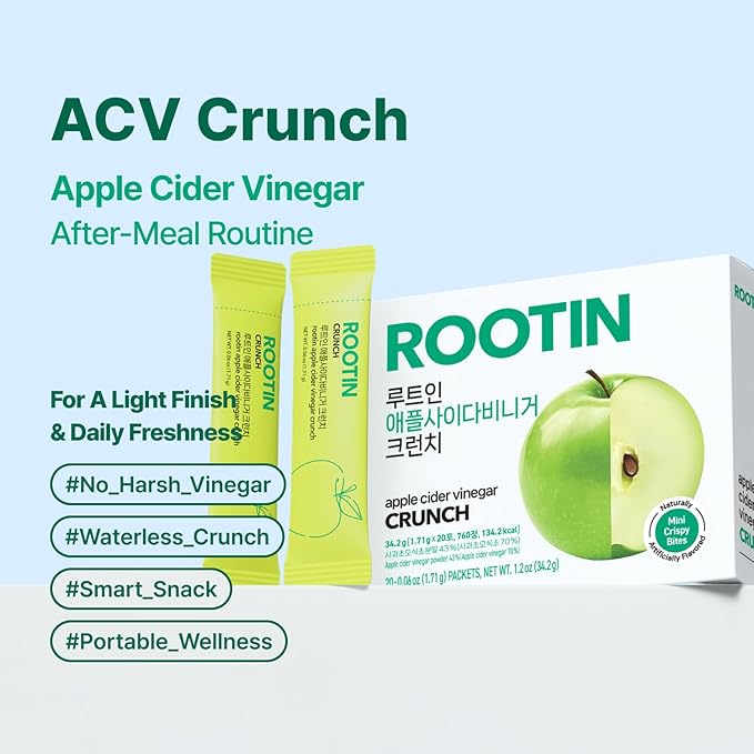 ROOTIN Apple Cider Vinegar Crunch 43% ACV Powder Sweet Chewable After-Meal Freshness Snack Waterless Portable Stick Packs Low Calorie Wellness Supplement 20 Sticks (1.2 oz)