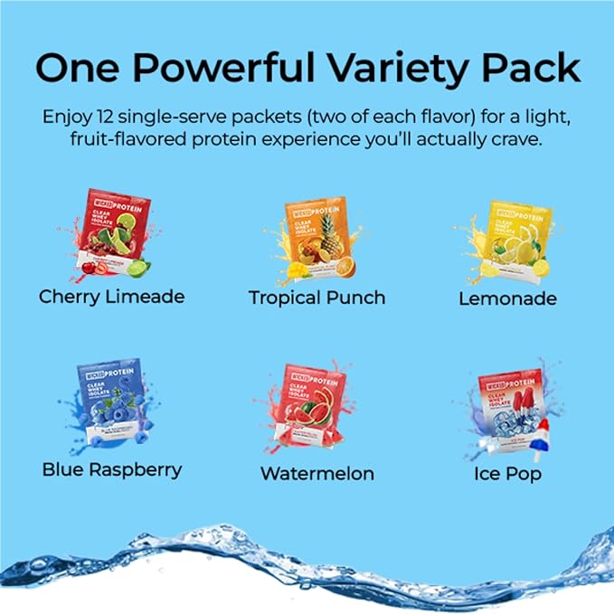 WICKED Protein Clear Whey Isolate Variety Pack 23g Protein 6 Flavors 95 Calories 0-1g Sugar Nothing Artificial No Sucralose Clean Label Project Certified Gluten Free 0g Lactose 12 Pack