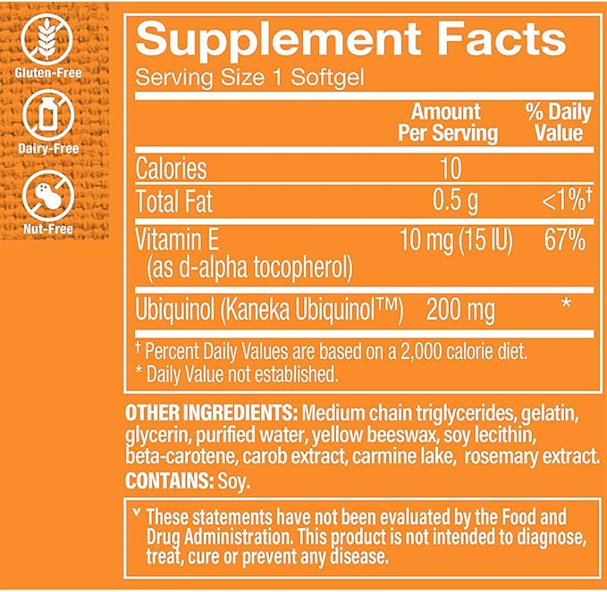 The Vitamin Shoppe Ubiquinol CoQ-10 200mg - Beneficial for Those Taking Statins – Supports Heart &amp Cellular Health and Healthy Energy Production Essential Antioxidant – Once Daily (60 Softgels)
