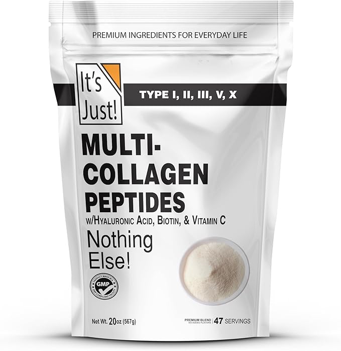 It's Just! - Multi Collagen Peptides (Types I II III V X) w/Vitamin C Biotin Hyaluronic Acid No Added Flavor Tested for Heavy Metals Gluten Free Non-GMO Unflavored / 20oz