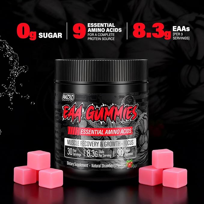 EAA Gummies - 2:1:1 BCAA Formula (8300mg) - Essential Amino Acids for Muscle Recovery &amp Endurance - Non-GMO Gluten Free Sugar Free Vegetarian Strawberry Flavor - 90 Count