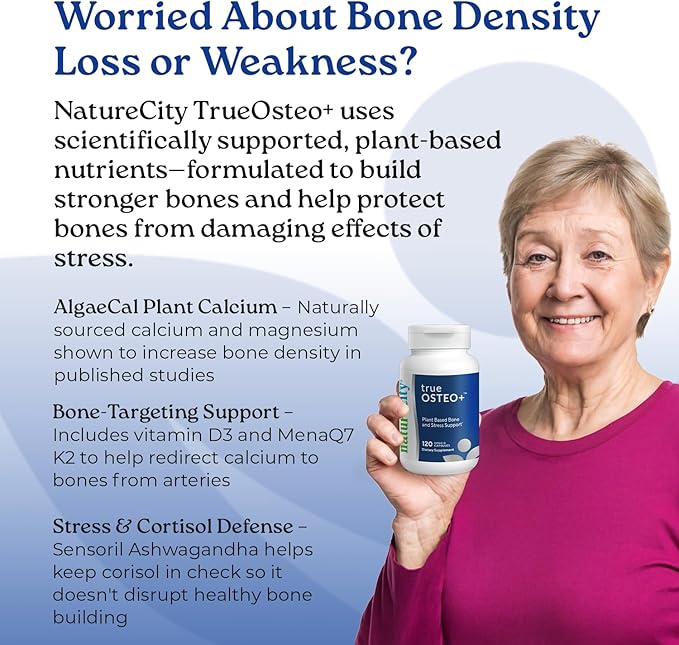 NatureCity True-Osteo Bone Support Supplement – Plant-Based Formula with AlgaeCal Calcium Magnesium Vitamin D3 K2 &amp Silicon | Gentle on Stomach (120 Veggie Capsules) (Pack of 2)