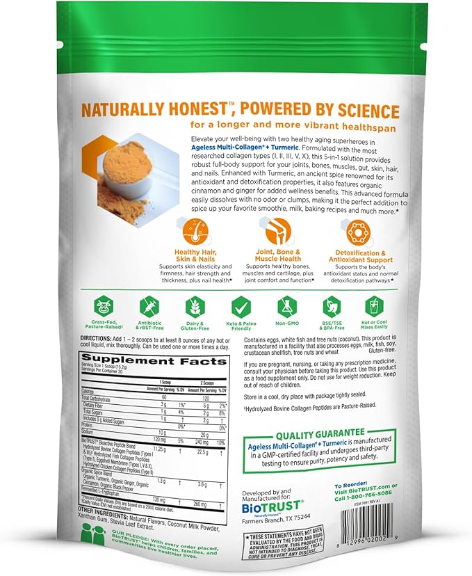 BioTrust Collagen Powder with Turmeric – 5 Types (I II III V X) – Turmeric Collagen Powder for Women &amp Men – Hydrolyzed Protein – Grass Fed Beef Fish Chicken Eggshell Membrane (Golden Milk)