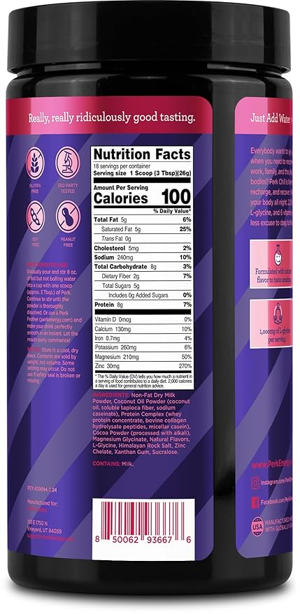 Perk Chill Drink Mix (Chocolate Raspberry) 18 Servings – Calming Melatonin-Free Nighttime Sleep Aid Support with Magnesium &amp L-Glycine Soy-Free Peanut-Free Gluten-Free