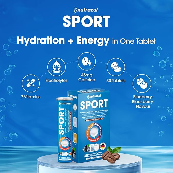 nutrazul Sports Effervescent Tablets Electrolytes &amp 7 Vitamins &amp Minerals Daily Hydration and Energy 45mg Caffeine Blueberry &amp BlackBerry Flavor 30 Count