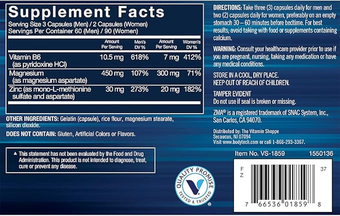 BodyTech ZMA Tech Supplement Zinc Magnesium and Vitamin B6 Formula for Men and Women Supports Muscle Recovery Sleep Quality and Immune Support Gluten Free 180 Capsules