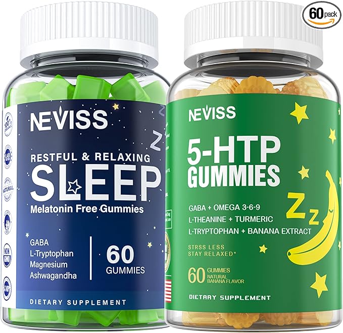 Melatonin Free Sleep Aid Gummies + 5-HTP Gummies for Adults  with GABA L-Theanine L-Tryptophan Magnesium Ashwagandha Turmeric - Non-Habit Forming Banana Extract Help for Deep Relaxation Calm