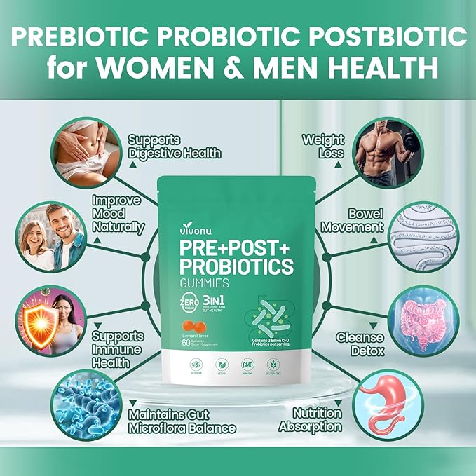 VivoNu Probiotics for Digestive Health Gummies 3 in 1 Intestinal Digestion Contains 2 Billion CFU Probiotic Zinc Magnesium and Vitamin D3 Men's Probiotics for Women Non GMO (180Gummy/3Pack)