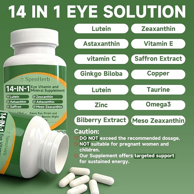 Eye Vitamin and Mineral Supplement 14 in 1 Advanced Eye Formula Vision Support with Lutein and Zeaxanthin Vitamin C E Zinc Copper Eye Health Supplements for Adults 60 Capsules/2 PCS