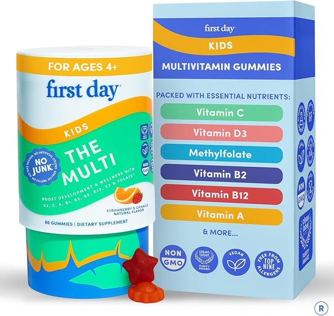 First Day Kids Multivitamin Gummies Age 4+ Strawberry &amp Orange - Kids Vitamins Multivitamin Gummy A C D3 K2 B1 B2 B6 B12 Folate Immunity &amp Brain Function Vegan - 30 Day Supply Packaging Ma