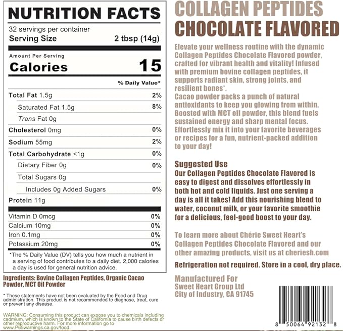 Cherie Sweet Heart's Collagen Peptide Powder 1 lb Pure Hydrolyzed Gluten Free Keto and Paleo Friendly Grass Fed Non GMO Chocolate