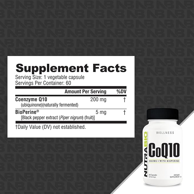 NutraBio CoQ10 Dietary Supplement with Bioperine Healthy Heart Function &amp Cellular Energy Production 200mg - 60 Capsules