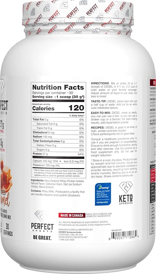 PERFECT Sports Diesel 100% New Zealand Whey Isolate Grass-Fed &amp Pasture Raised 2LB Salted Caramel