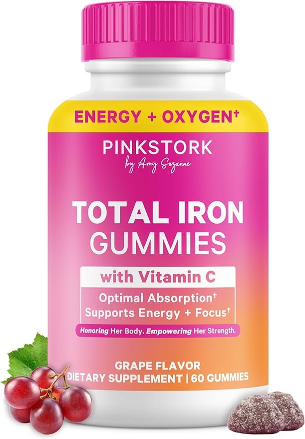 Pink Stork Prenatal Iron Supplement Gummies for Women - 20 mg with Vitamin C - Grape Chewable for Deficiency Energy &amp Blood Builder - 60 Gummy Chews