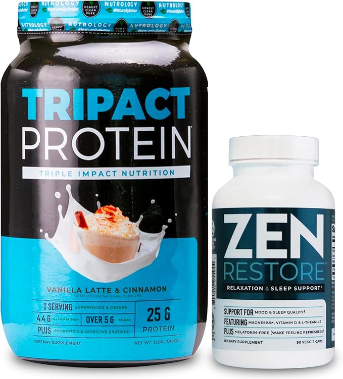 Nutrology TRIPACT Protein Powder 7-in-1 Meal Replacement Shake Vanilla Latte Cinnamon Flavor (40 Servings) Zen Natural Magnesium Supplement (30 Servings)