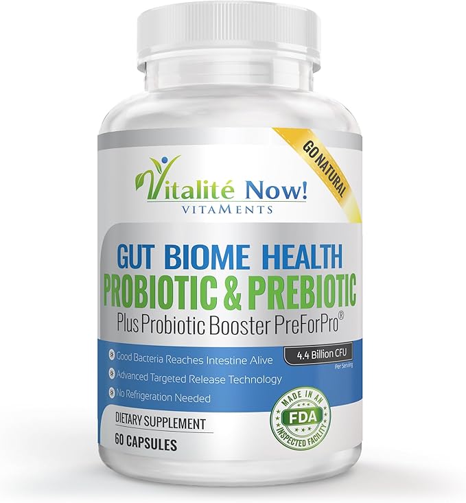 Premium Probiotic plus Ultimate Prebiotic - Gut Biome Builder &amp Restoration - 4.4 Bn CFU - Best for Women &amp Men - Bacteria Reaches Intestine within Hours - No Refrigeration - Bacillus Subtilis