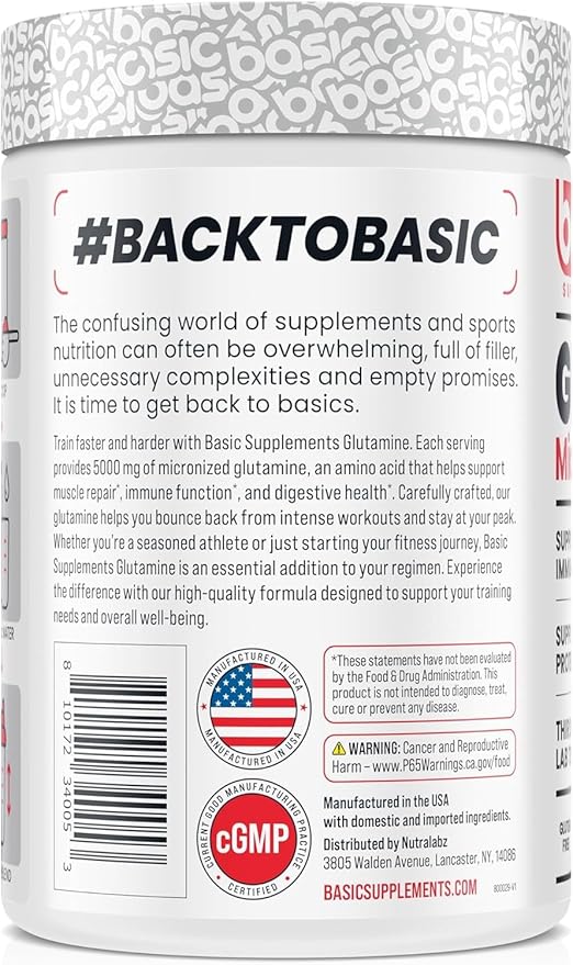 Basic Glutamine Powder 5000mg L-Glutamine for Muscle Recovery Immune Support Protein Synthesis Vegan Gluten-Free Unflavored 60 Servings