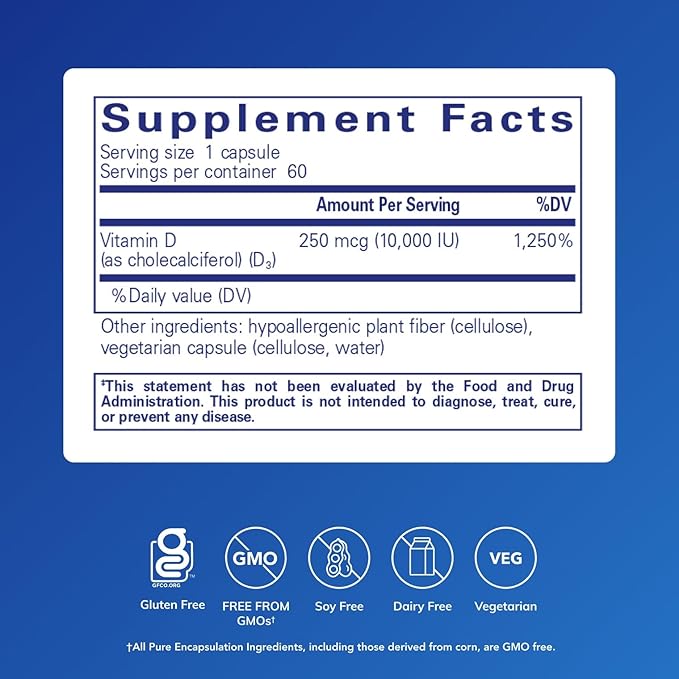 Pure Encapsulations Vitamin D3 250 mcg (10000 IU) - Supplement to Support Bone Joint Breast Heart Colon &amp Immune Health - with Premium Vitamin D - 60 Capsules