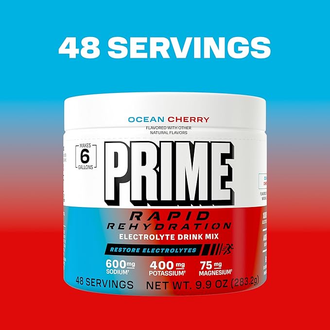 Prime Rapid Rehydration Electrolyte Powder Ocean Cherry Sugar Free Hydration Drink Mix with Sodium Potassium Magnesium &amp B Vitamins to Replenish Fluids Caffeine Free 6 Gallon Tub 48 SRV