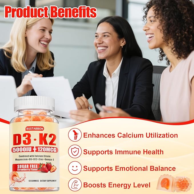 Vitamin D3 K2 Gummies for Women: Sugar Free Chewable 5000 IU D3 + 120 mcg K2 (MK-7) Supplement with Magnesium Omega-3 Zinc Calcium Methyl B12 for Immune Health - High Absorption for Adults(120Count)