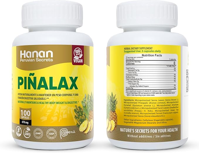 Hanan Piñalax 100 Capsules of Pineapple Green Tea Artichoke Stevia Yacon Leaves Senna Horsetail and Fennel from Peru Herbal Supplement - for Natural Cleanse &amp Detox