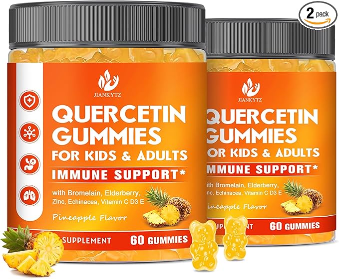 (2 Pack) Sugar Free Quercetin with Bromelain Gummies for Kids &amp Adult - Immune Antioxidant Seasonal Support 1000mg Quercetin Supplements with Bromelain Zinc Elderberry Vitamin C D3 E 120 Co