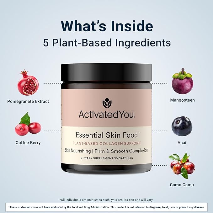 ACTIVATEDYOU Essential Skin Food Advanced Skincare Collagen Elastin Support Supplement for Aging Skin Helps Improve Appearance of Face Texture Sagging w/Dermaval Vitamin C Lysine (30 Capsules)