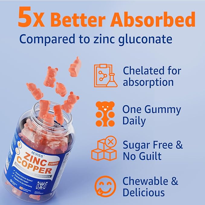 Zinc Picolinate Gummies with Copper + Probiotics Vitamin B6 for Max Absorption Zinc Supplements for Men and Women Two Essential Minerals Balance Formula for Immunity and Gut Health Vegan 60 Cts